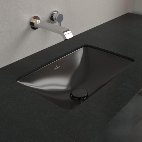 Villeroy & Boch Loop & Friends onderbouwwastafel - 45x28cm - zonder kraangat - met overloop CeramicPlus - Pure Black (zwart) SW1162272