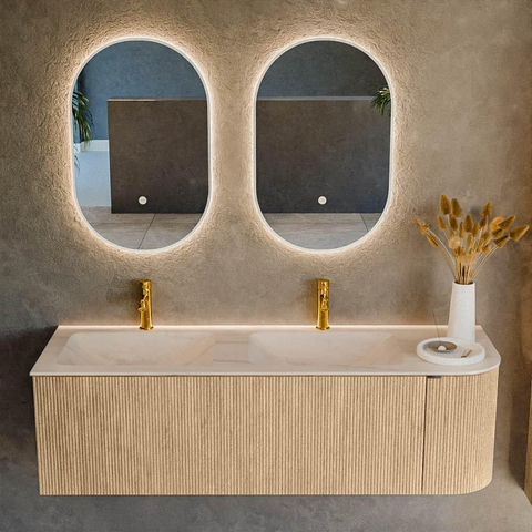 MONDIAZ KURVE-DLUX Meuble de salle de bains 145cm arrondi à droite couleur Oak avec 1 tiroir et 1 porte. Lavabo LEAF Double / Gauche 2 trous de robinet Meli. SW1431647