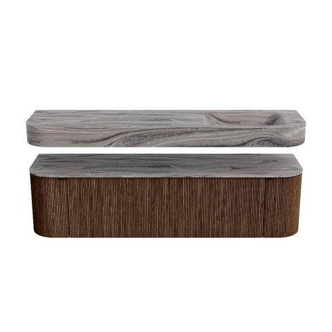 MONDIAZ THOR-DLUX 170cm badmeubel ronding links + rechts kleur Walnut met 1 lade en 2 deuren. Vrijhangende wastafel CLOUD Rechts 1 kraangat kleur Sombra. SW1465851