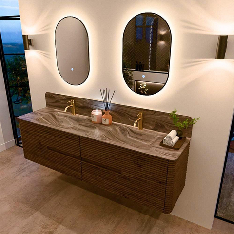 Mondiaz CIRO-DLUX Badkamermeubelset - 180x45x50cm - Solid surface wastafel Sombra - 2 wasbak Dubbel - 2 kraangaten - 4 lades - Dusk SW1533560