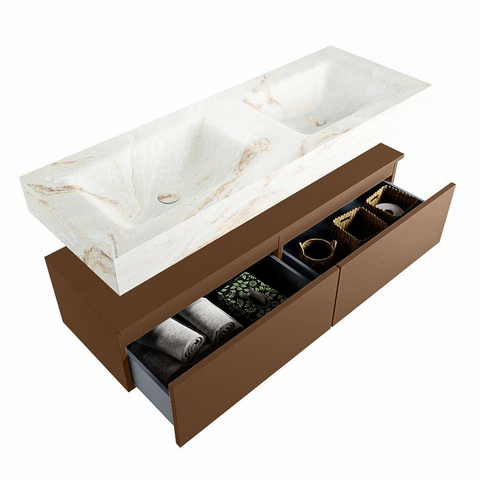 MONDIAZ ALAN - DLUX Badkamermeubelset - 130cm - onderkast - Rust - 2 lades - vrijhangende wastafel - 2 wasbakken - 2 kraangaten - Frappe SW805052