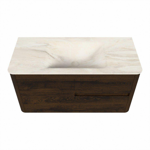 Mondiaz CIRO-DLUX Meuble de salle de bains - 100x45x50cm - Vasque solid surface Ostra - 1 lavabo au milieu - 1 trou de robinet - 2 tiroirs - Noyer SW1530346