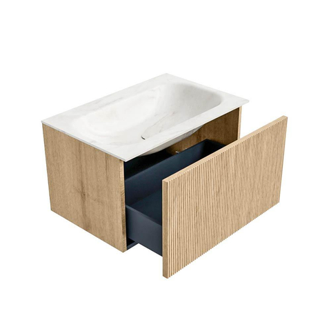 MONDIAZ KURVE-DLUX Meuble de salle de bains 70 cm couleur Oak avec 1 tiroir. Lavabo BIG SMALL central sans trou de robinet couleur Ostra. SW1137704
