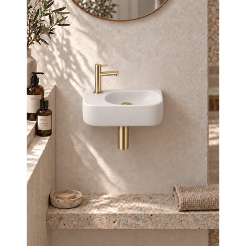 QeramiQ Fuente pack lave-mains – 40 x 21,5 x 12 cm – céramique blanc mat – perçage à gauche – robinet doré brossé SW1232819
