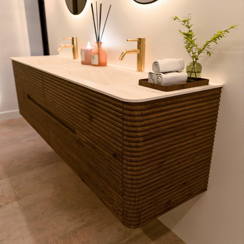 Mondiaz CIRO-DLUX Badkamermeubelset - 180x45x50cm - Solid surface wastafel Meli - 2 wasbak Dubbel - 2 kraangaten - 4 lades - Dusk SW1533186