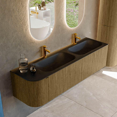 Mondiaz KURVE Ensemble de meubles de salle de bains - 165x46x40cm - 2 tiroirs - 1 porte - lavabo solid surface - double / droite - 2 trous de robinet - Dusk SW1414844