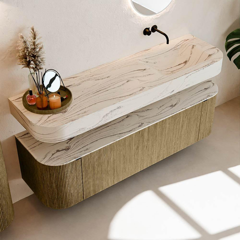 MONDIAZ THOR-DLUX 160cm meuble de salle de bains arrondi gauche + droite couleur Dusk avec 1 tiroir et 2 portes. Vasque suspendue CLOUD Droite sans trou de robinet couleur Nata. SW1465265