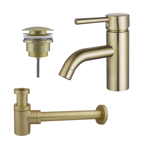 FortiFura Calvi Kit mitigeur lavabo - robinet bas - bonde clic clac - siphon design bas - PVD Laiton brossé SW891975