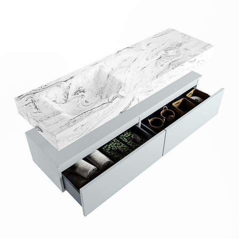 Mondiaz ALAN-DLUX Ensemble de meuble - 150cm - meuble Clay mat - 2 tiroirs - Lavabo Cloud Glace suspendu - vasque Gauche - 1 trou de robinet SW806367