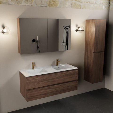 Mondiaz Aivy badmeubelset - 120x45x50cm - 2 kraangaten - 2 wasbakken talc Keramiek - Links en rechts - 2 lades - Met spiegelkast - Melamine Mocha SW892097