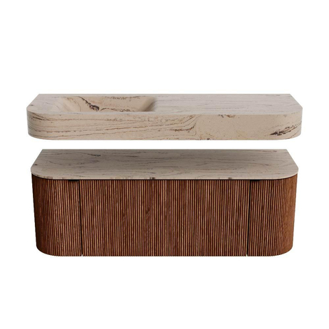 MONDIAZ THOR-DLUX 130cm meuble de salle de bains arrondi gauche + droite couleur Ruby avec 1 tiroir et 2 portes. Vasque suspendue CLOUD Gauche 1 trou de robinet couleur Arena. SW1463807