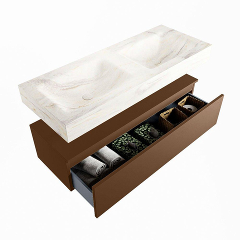 Mondiaz ALAN-DLUX Ensemble de meuble - 120cm - meuble Rust mat - 1 tiroir - Lavabo Cloud Ostra suspendu - vasque Gauche et droite - 2 trous de robinet SW807577