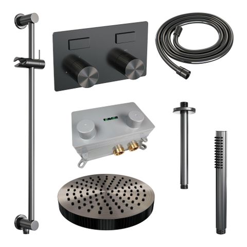 BRAUER Stripe Thermostatische Inbouw Regendouche - drukknoppen - 25cm douchekop - plafondarm - staaf handdouche - doucheslang - geïntegreerde glijstang - gunmetal geborsteld PVD SW1435227