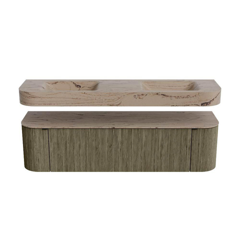 MONDIAZ THOR-DLUX 170cm meuble de salle de bains arrondi gauche + droite couleur Shadow avec 1 tiroir et 2 portes. Vasque suspendue CLOUD Double sans trou de robinet couleur Arena. SW1465831