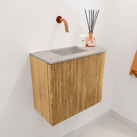 Mondiaz JOYA-DLUX Meuble de salle de bains 51,6cm - arrondi à droite couleur Chêne - Vasque FAYE position Gauche Sans trou de robinet couleur Glace SW1422005