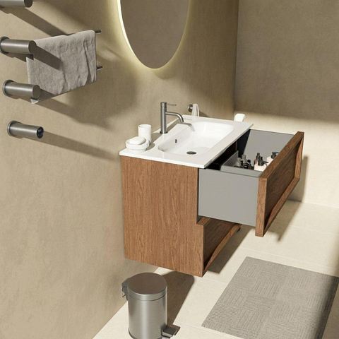 Saniclass Holz Frame Badkamermeubelset - 80x45x73.9cm - Chaci keramische wastafel wit - 1 wasbak - 1 kraangat - 2 lades - mat walnut pure (hout) SW1579998