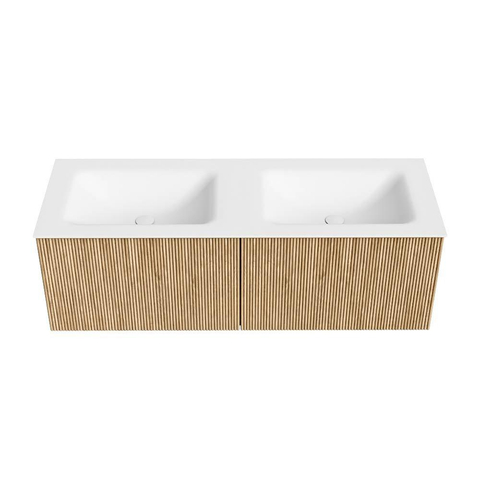 MONDIAZ KURVE Meuble de salle de bains 130 cm couleur Oak avec 2 tiroirs. Plan-vasque CLOUD double sans trou de robinetterie Talc. SW1138249