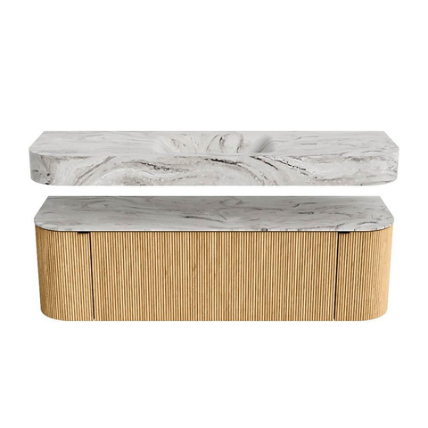MONDIAZ THOR-DLUX 150cm meuble de salle de bains arrondi gauche + droite couleur Oak avec 1 tiroir et 2 portes. Vasque suspendue CLOUD Milieu 1 trou de robinet couleur Glace. SW1464596