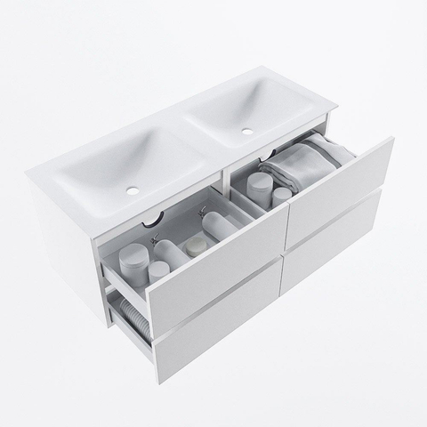 MONDIAZ VICA meuble sous lavabo 120cm Talc 4 tiroirs. Lavabo CLOUD double sans trou de robinet, couleur Talc. SW1381900