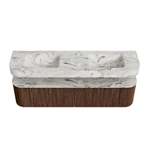 MONDIAZ THOR-DLUX 180cm meuble de salle de bains arrondi gauche + droite couleur Walnut avec 2 tiroirs et 2 portes. Vasque suspendue CLOUD Double sans trou de robinet couleur Glace. SW1465937