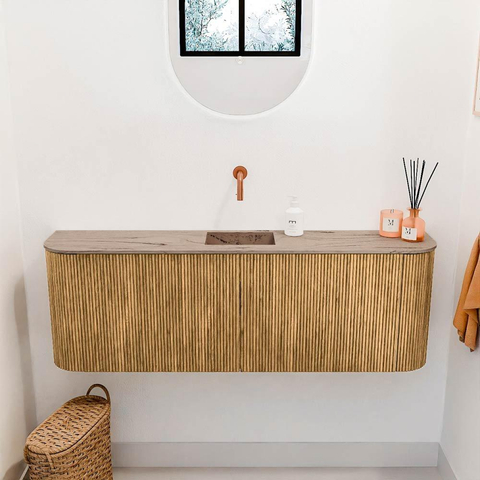Mondiaz JOYA-DLUX 123.2cm toiletmeubel - ronding links en rechts kleur Oak - Wastafel FAYE positie Midden Zonder kraangat kleur Arena. SW1423921