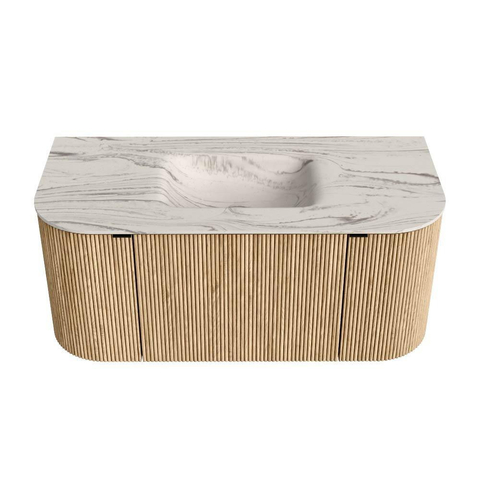 MONDIAZ KURVE-DLUX 100cm badmeubel ronding Links + Rechts kleur Oak met 1 lade en 2 deuren. Wastafel GRUNNE Midden zonder kraangat Nata. SW1432051