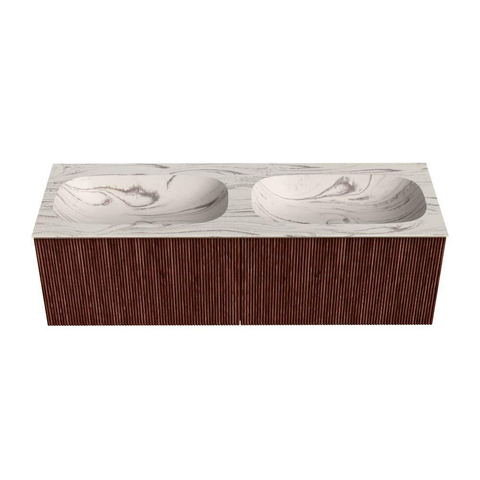 MONDIAZ KURVE-DLUX Meuble de salle de bains 140 cm couleur Ruby avec 2 tiroirs et 0 porte. Lavabo STOR SMALL Double 2 trous de robinet Nata. SW1432589