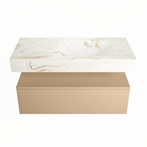 Mondiaz ALAN-DLUX Ensemble de meuble - 100cm - meuble Oro mat - 1 tiroir - Lavabo Cloud Frappe suspendu - vasque Droite - 0 trous de robinet SW805050