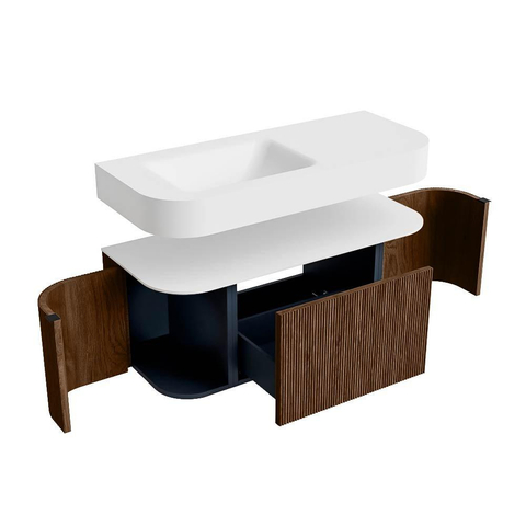MONDIAZ THOR Meuble de salle de bains 110cm arrondi gauche + droite couleur Walnut avec 1 tiroir et 2 portes. Vasque suspendue CLOUD gauche sans trou de robinet couleur Talc. SW1462744