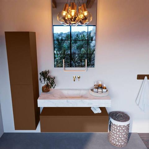 Mondiaz ALAN-DLUX Ensemble de meuble - 110cm - meuble Rust mat - 1 tiroir - Lavabo Cloud Opalo suspendu - vasque Centre - 0 trous de robinet SW806465