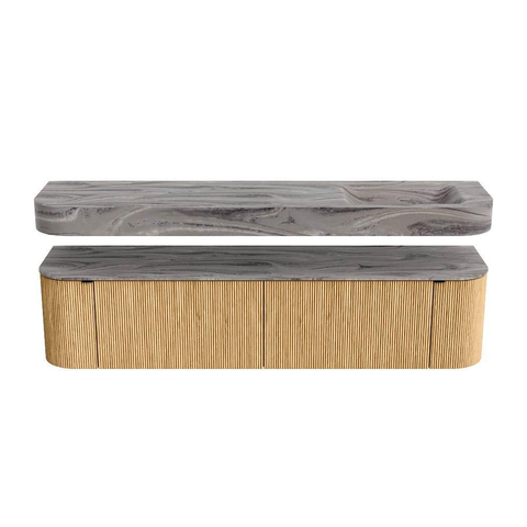 MONDIAZ THOR-DLUX 190cm meuble de salle de bains arrondi gauche + droite couleur Oak avec 2 tiroirs et 2 portes. Vasque suspendue CLOUD droite sans trou de robinet couleur Sombra. SW1466697