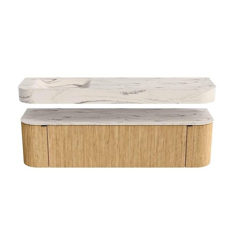 MONDIAZ THOR-DLUX Meuble de salle de bains 170cm arrondi gauche + droite couleur Oak avec 1 tiroir et 2 portes. Vasque suspendue CLOUD Gauche sans trou de robinet couleur Nata. SW1465763