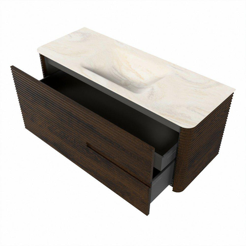 Mondiaz CIRO-DLUX Badkamermeubelset - 120x45x50cm - Solid surface wastafel Ostra - 1 wasbak Midden - 1 kraangat - 2 lades - Walnut SW1530399