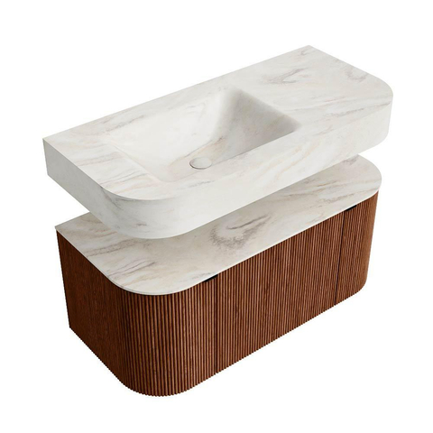 MONDIAZ THOR-DLUX 100cm meuble de salle de bains arrondi gauche + droite couleur Ruby avec 1 tiroir et 2 portes. Vasque suspendue CLOUD Gauche 1 trou de robinet couleur Ostra. SW1467426