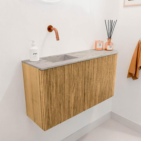Mondiaz JOYA-DLUX 81.6cm toiletmeubel - ronding rechts kleur Oak - Wastafel FAYE positie Links Zonder kraangat kleur Glace. SW1422016