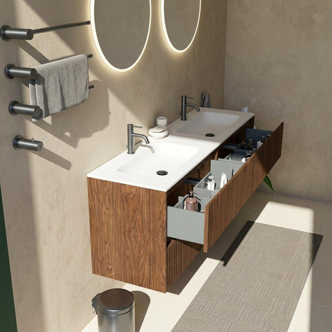 Saniclass Holz Atelier Badkamermeubelset - 160x45x61.5cm - Flow solid surface wastafel wit - 2 wasbakken - 2 kraangaten - 4 lades - mat walnut pure (hout) SW1478457