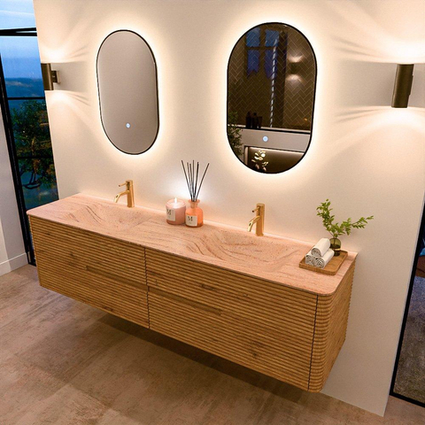 Mondiaz CIRO-DLUX Meuble de salle de bains - 190x45x50cm - Plan vasque Solid surface Saba - 2 vasques Double - 2 trous de robinetterie - 4 tiroirs - Chêne SW1531237