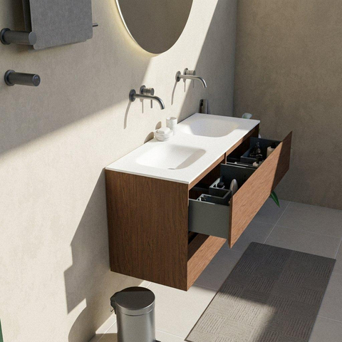 Saniclass Holz Pure Badkamermeubelset - 120x45x61.5cm - Flow solid surface wastafel wit - 2 wasbakken - zonder kraangaten - 4 lades - mat walnut pure (hout) SW1478415