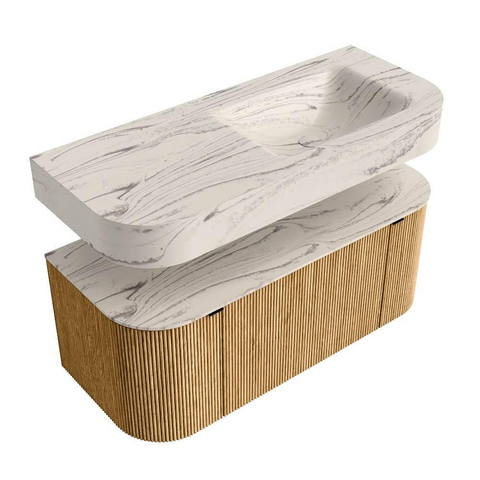 MONDIAZ THOR-DLUX 110cm badmeubel ronding links + rechts kleur Oak met 1 lade en 2 deuren. Vrijhangende wastafel CLOUD Rechts 1 kraangat kleur Nata. SW1462941