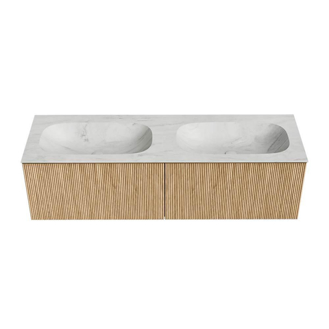 MONDIAZ KURVE-DLUX Meuble de salle de bains 150 cm couleur Oak avec 2 tiroirs. Plan vasque STOR SMALL double 2 trous de robinet couleur Opalo. SW1137609