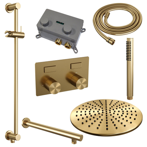 BRAUER Gold Carving Thermostatische Regendouche inbouw - drukknoppen - SET 62 - 30cm hoofddouche - rechte muurarm - staaf handdouche - doucheslang - geïntegreerde glijstang - goud geborsteld PVD SW925634