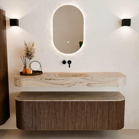MONDIAZ THOR-DLUX 150cm badmeubel ronding links + rechts kleur Walnut met 1 lade en 2 deuren. Vrijhangende wastafel CLOUD Midden zonder kraangat kleur Arena. SW1464718