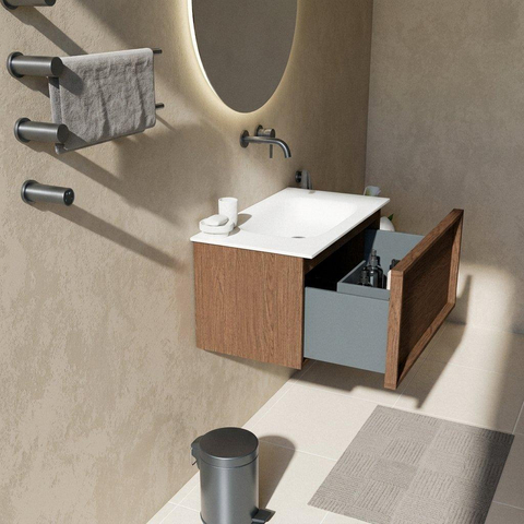 Saniclass Holz Frame Badkamermeubelset - 80x45x41.5cm - Flow solid surface wastafel wit - 1 wasbak - zonder kraangat - 1 lade - mat walnut pure (hout) SW1478382