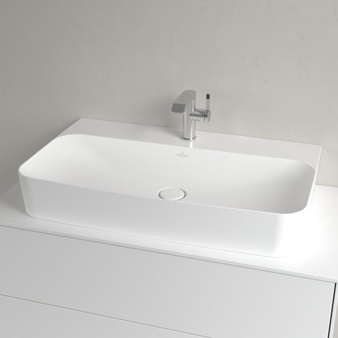 Villeroy & Boch finion wastafel onderzijde - geslepen - 1 kraangat - 80x47cm CeramicPlus - met verdekte overloop - Stone White (mat wit) SW209556