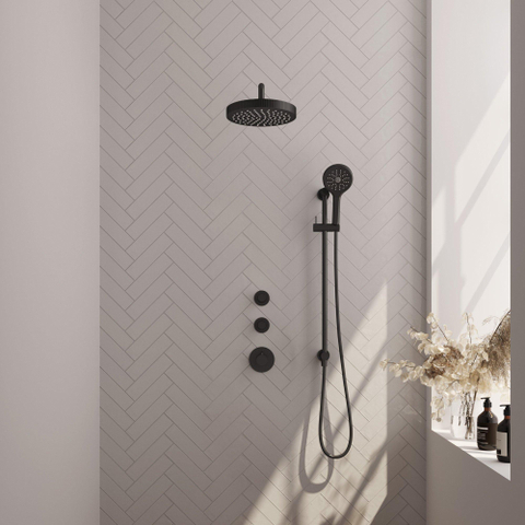 BRAUER Stripe Thermostatische Inbouw Regendouche - SET 11 - 25cm douchekop - gebogen muurarm - 3-standen handdouche - doucheslang - geïntegreerde glijstang - mat zwart SW1435139