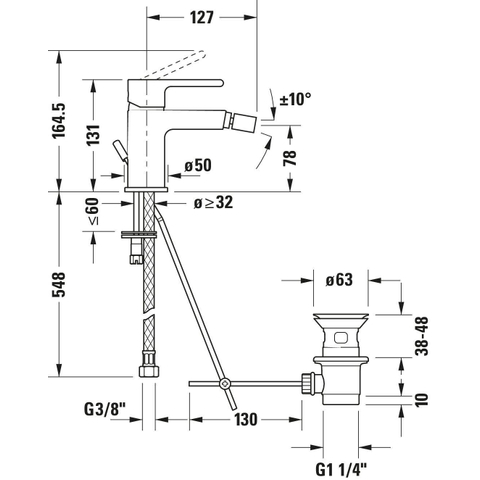 Duravit B.2 1 greeps bidetmengkraan - 148x42x131mm - hoogglans chroom SW157848