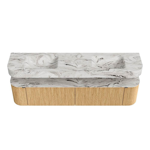 MONDIAZ THOR-DLUX 200cm meuble de salle de bains arrondi gauche + droite couleur Chêne avec 2 tiroirs et 2 portes. Vasque suspendue CLOUD Double 2 trous de robinet couleur Glace. SW1466939