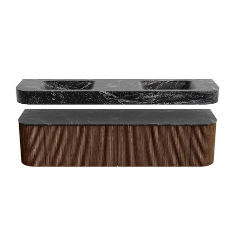 MONDIAZ THOR-DLUX 180cm badmeubel ronding links + rechts kleur Walnut met 2 lades en 2 deuren. Vrijhangende wastafel CLOUD Dubbel zonder kraangat kleur Lava. SW1465944