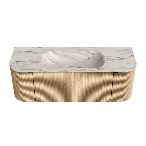 MONDIAZ KURVE-DLUX 130cm badmeubel ronding Links + Rechts kleur Oak met 1 lade en 2 deuren. Wastafel BIG SMALL Midden 1 kraangat Nata. SW1432087
