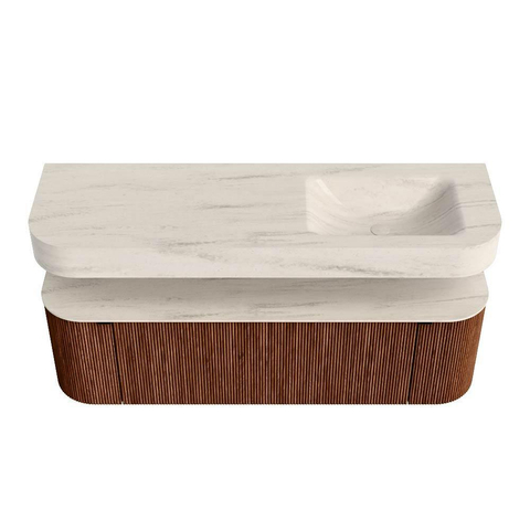 MONDIAZ THOR-DLUX 150cm meuble de salle de bains arrondi gauche + droite couleur Ruby avec 1 tiroir et 2 portes. Vasque suspendue CLOUD Droite sans trou de robinet couleur Meli. SW1464774